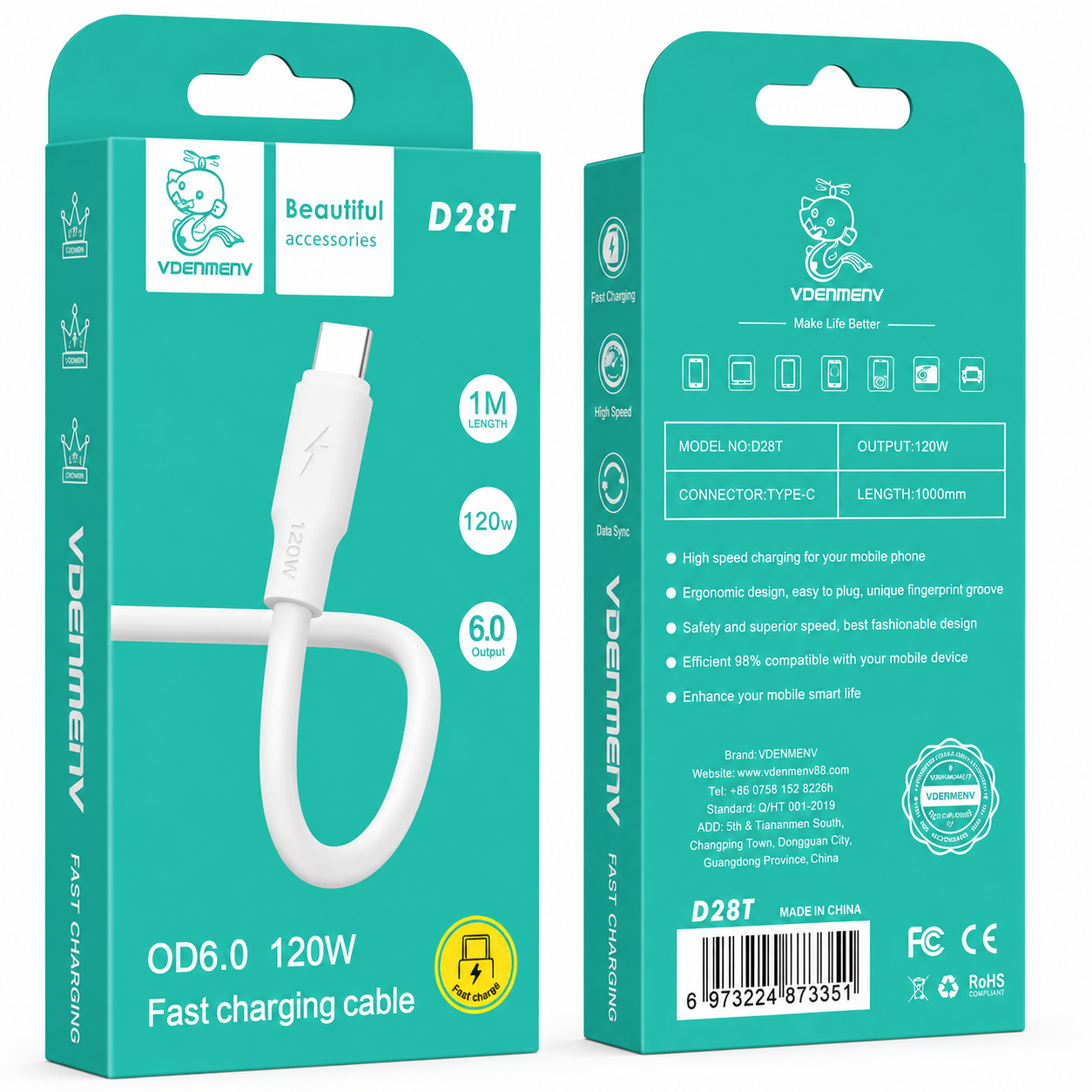 D28T Type-C to USB 6A 120W Fast Charging Cable արագ լիցքավորման լար 1մ