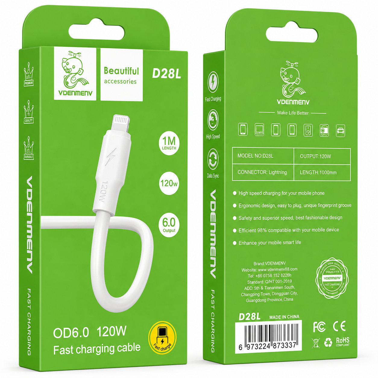 D28L Lightning to USB 6A 120W Fast Charging Cable արագ լիցքավորման լար 1մ