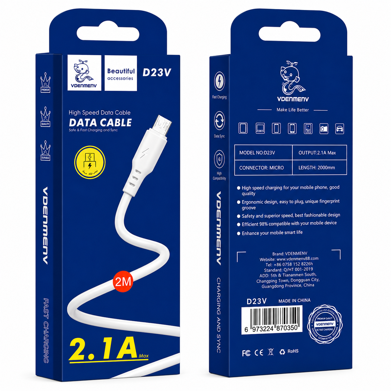 D23V Micro to USB 2.1A Data Cable արագ լիցքավորման լար 2մ