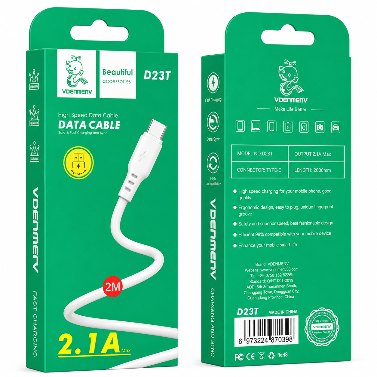 D23T Type-C to USB 2.1A Data Cable արագ լիցքավորման լար 2մ
