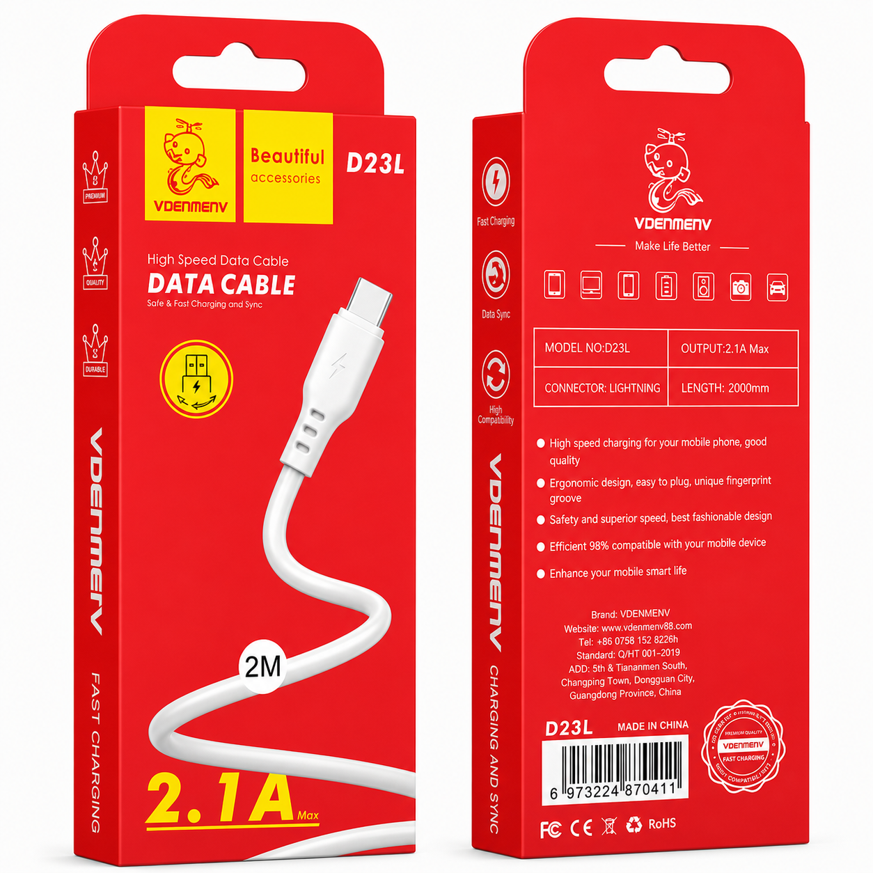 D23L Lightning to USB 2.1A Data Cable արագ լիցքավորման լար 2մ