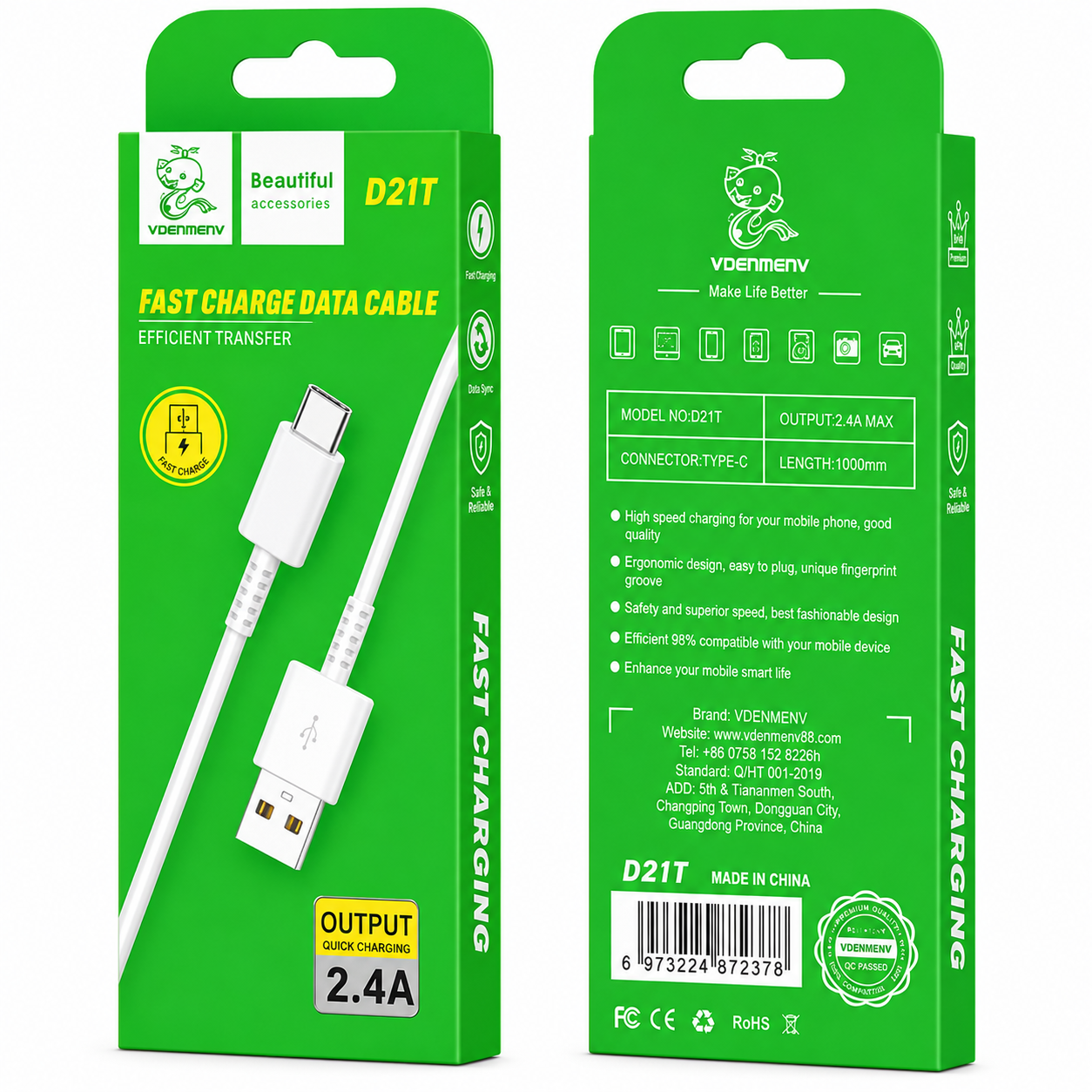D21T Type-C to USB 2.4A Fast Charge Data Cable արագ լիցքավորման լար
