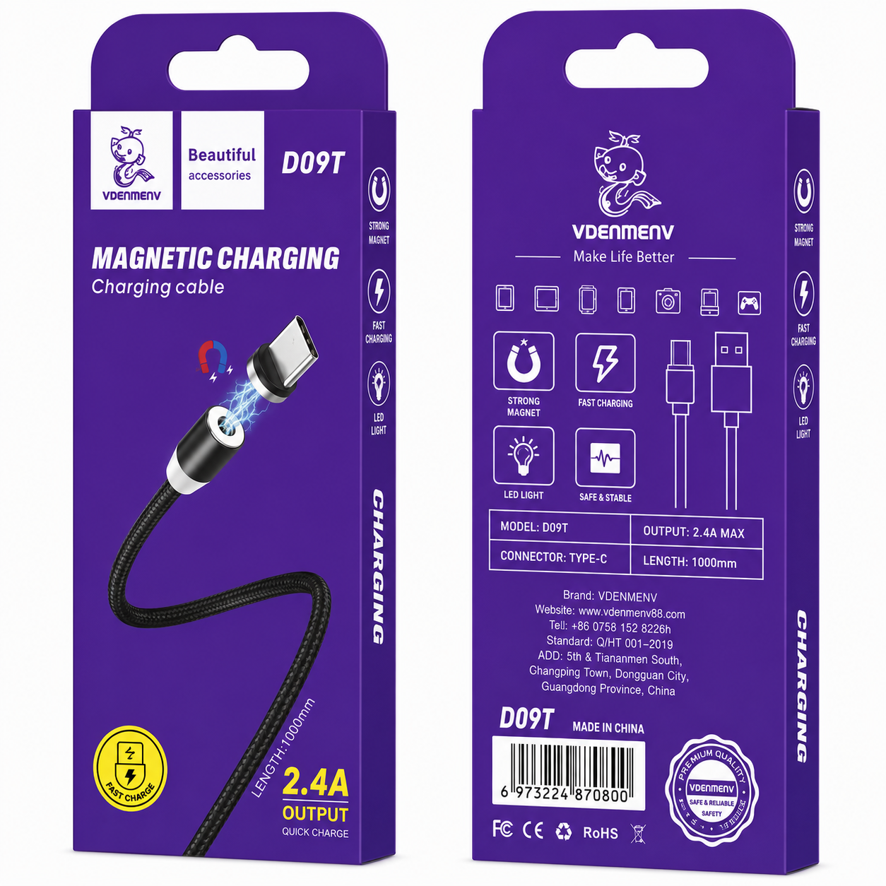 D09T Type-C to USB 2.4A Magnetic Charging Cable արագ լիցքավորման լար