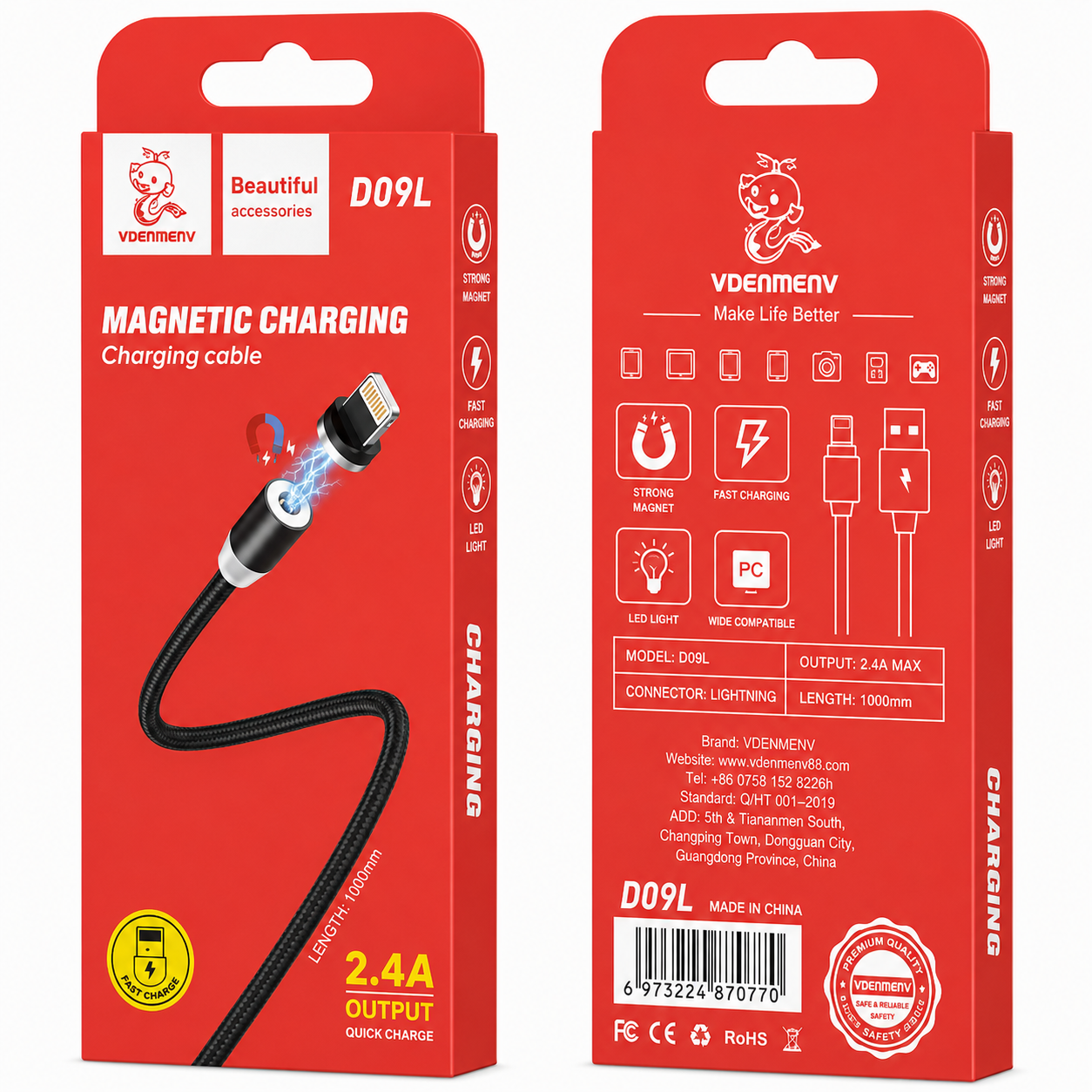 D09L Lightning to USB 2.4A Magnetic Charging Cable արագ լիցքավորման լար