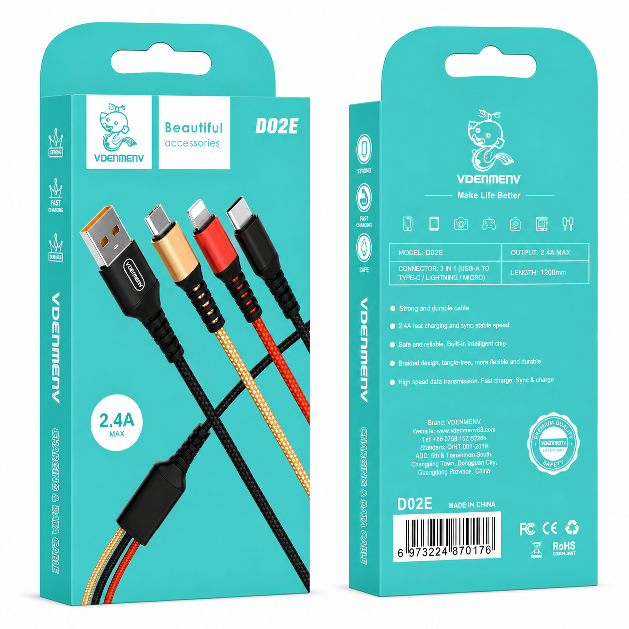 D02E 3-in-1 to USB 2.4A Data Cable արագ լիցքավորման լար
