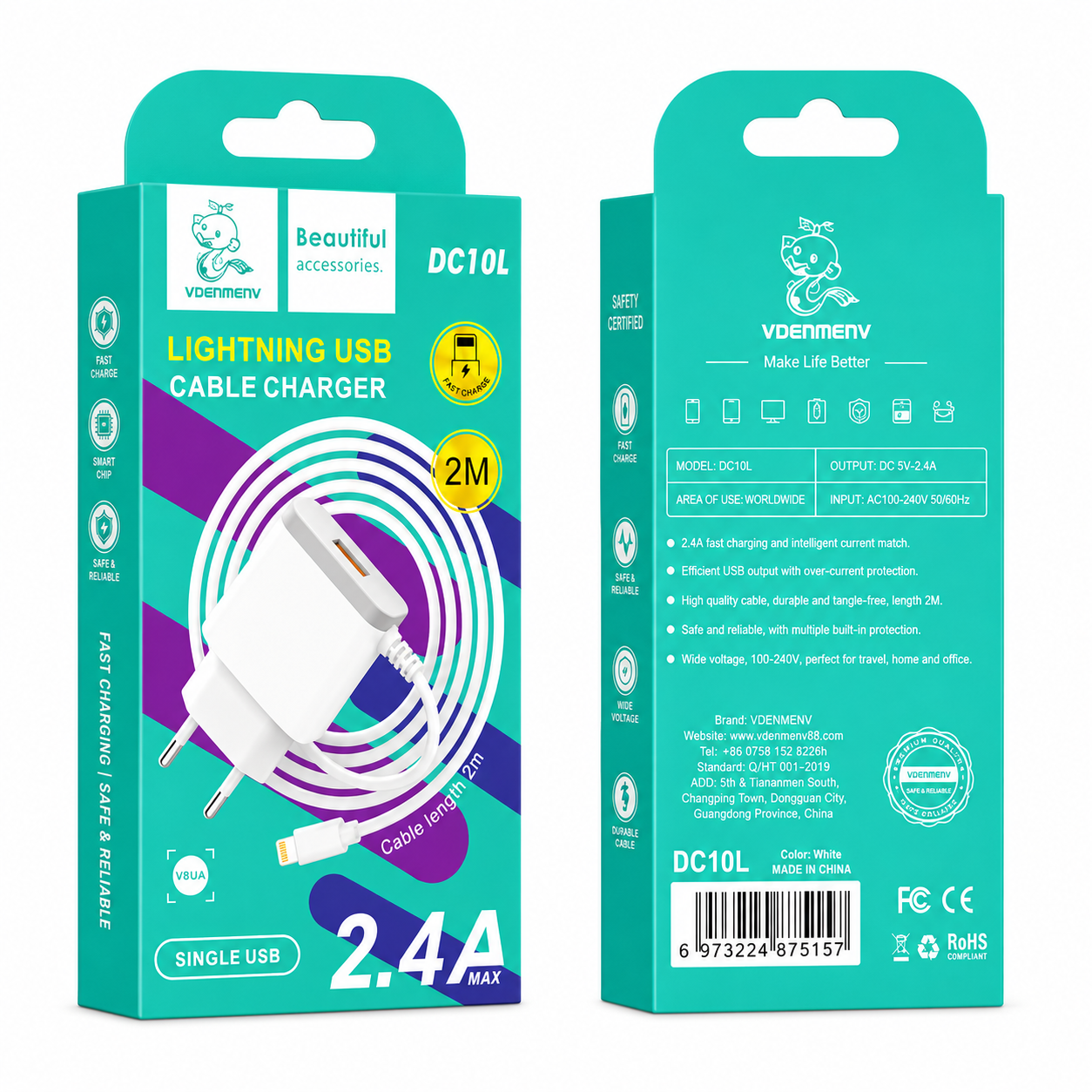 DC10L Lightning USB Cable Charger լիցքավորիչ և արագ լիցքավորման լար 2մ