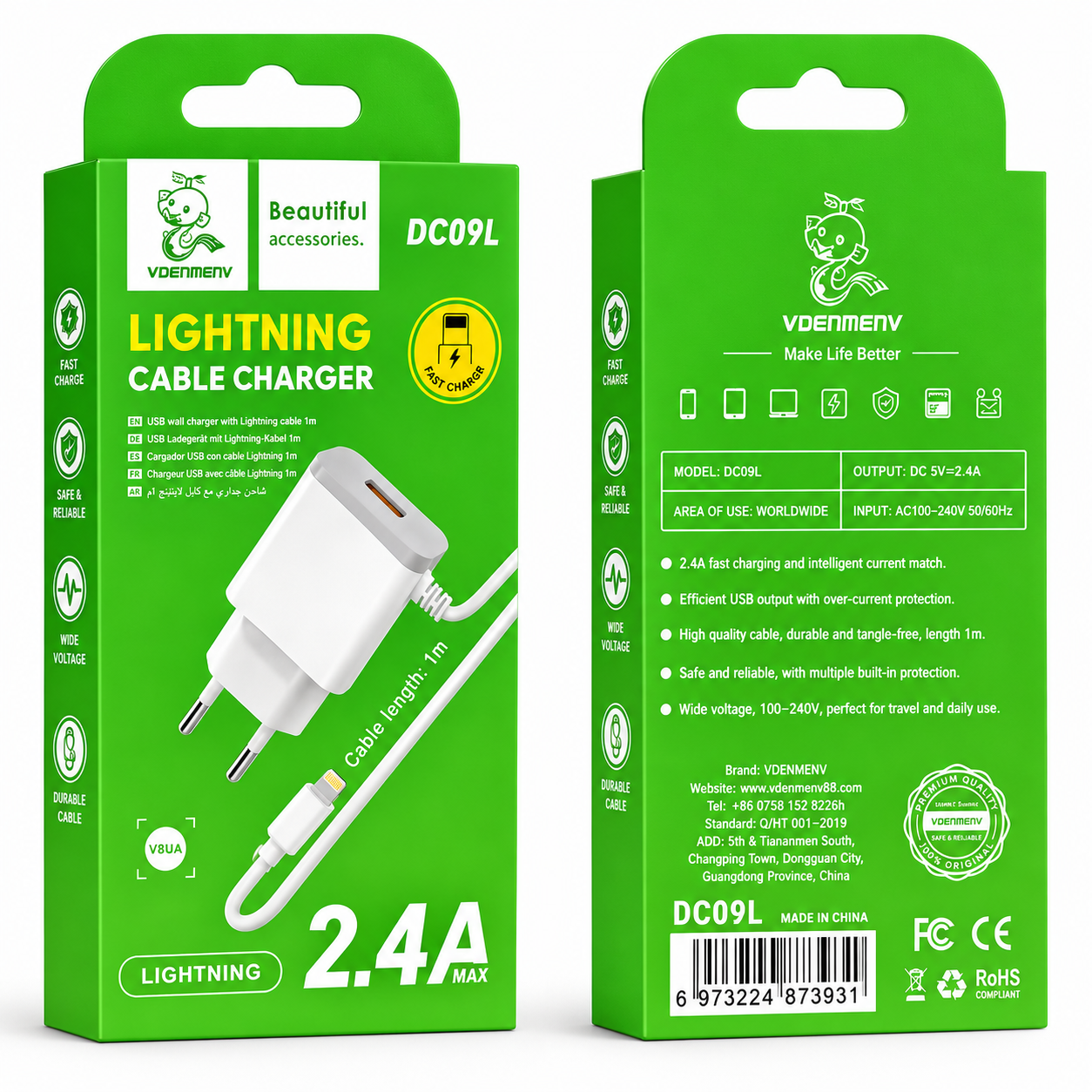 DC09L Lightning USB Cable Charger լիցքավորիչ և արագ լիցքավորման լար 1մ