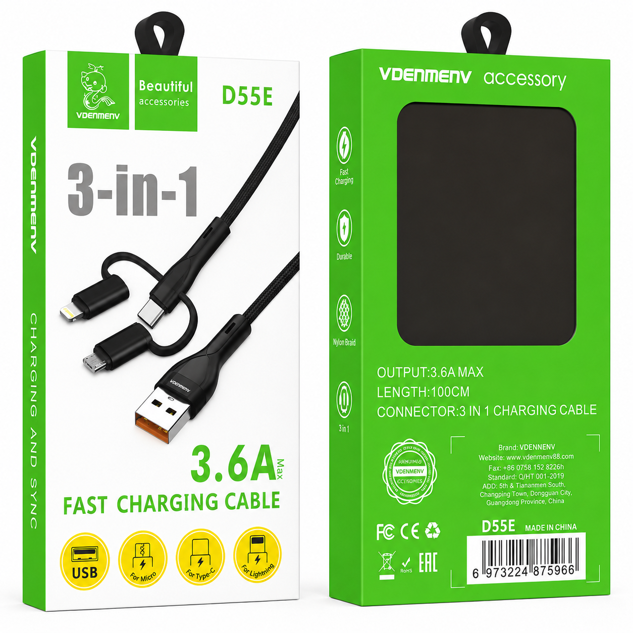 D55E 3-in-1 3.6A Fast Charging Cable արագ լիցքավորման լար 1մ