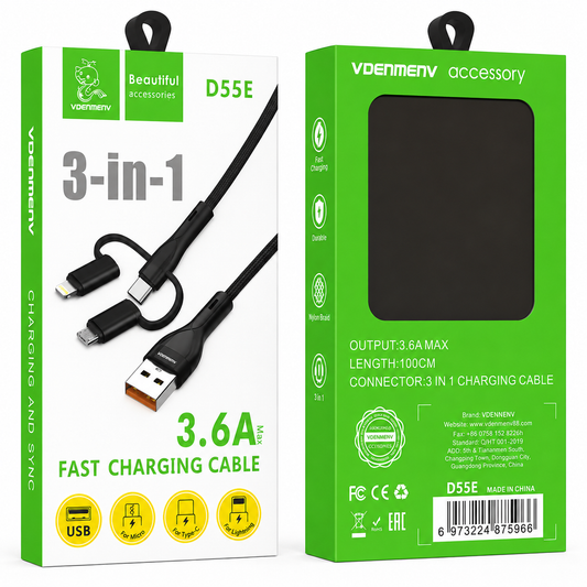 D55E 3-in-1 3.6A Fast Charging Cable արագ լիցքավորման լար 1մ