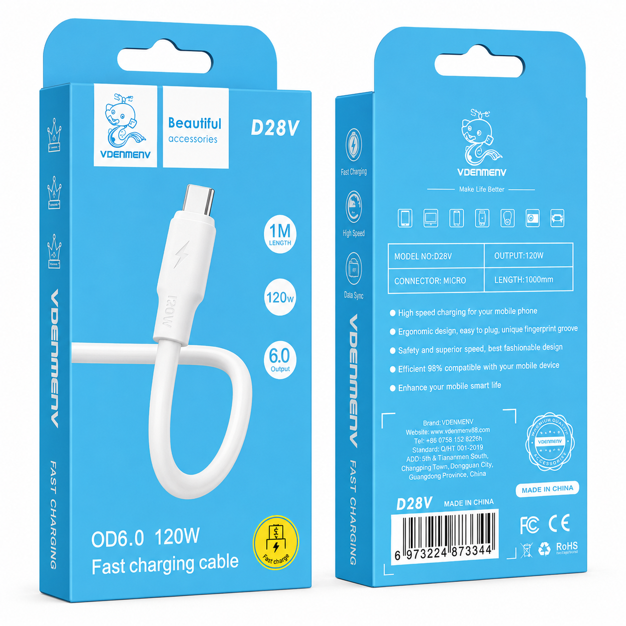 D28V Micro to USB 6A 120W Fast Charging Cable արագ լիցքավորման լար 1մ