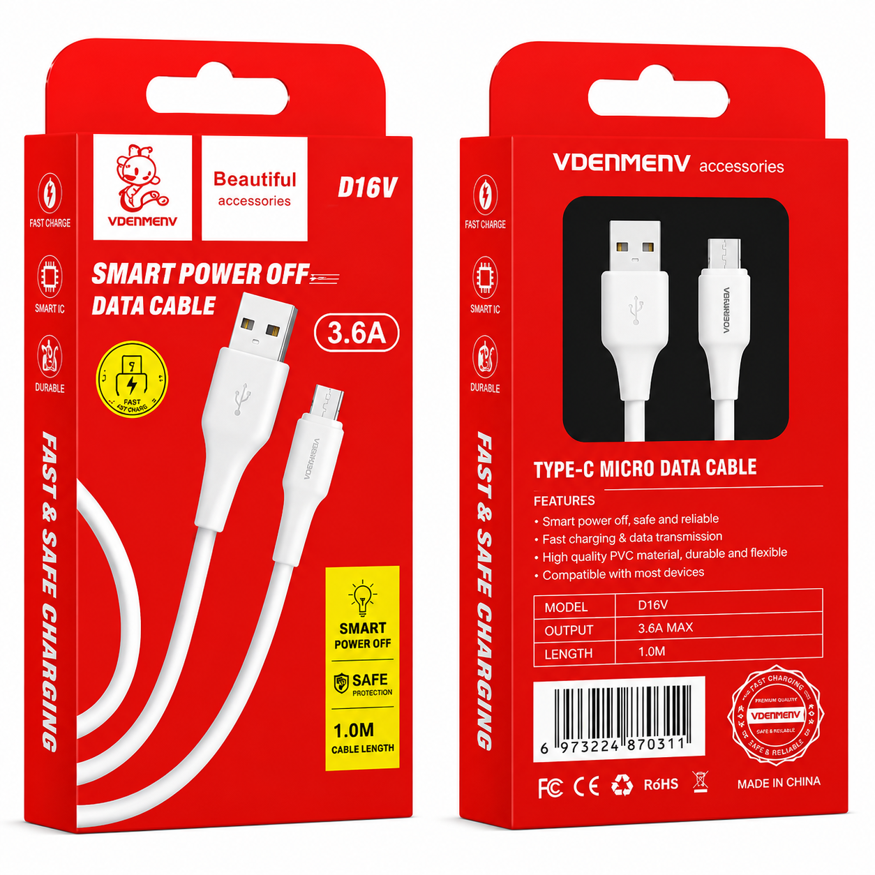 D16V 3.6A Micro to USB Smart Power Off Data Cable արագ լիցքավորման լար
