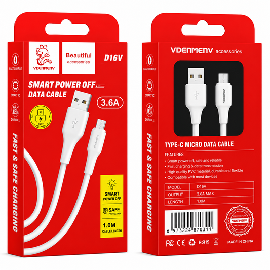 D16V 3.6A Micro to USB Smart Power Off Data Cable արագ լիցքավորման լար