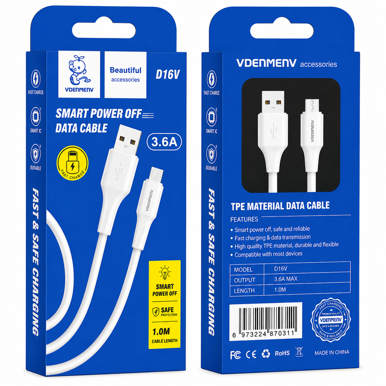 D16L 3.6A Lightning to USB Smart Power Off Data Cable արագ լիցքավորման լար