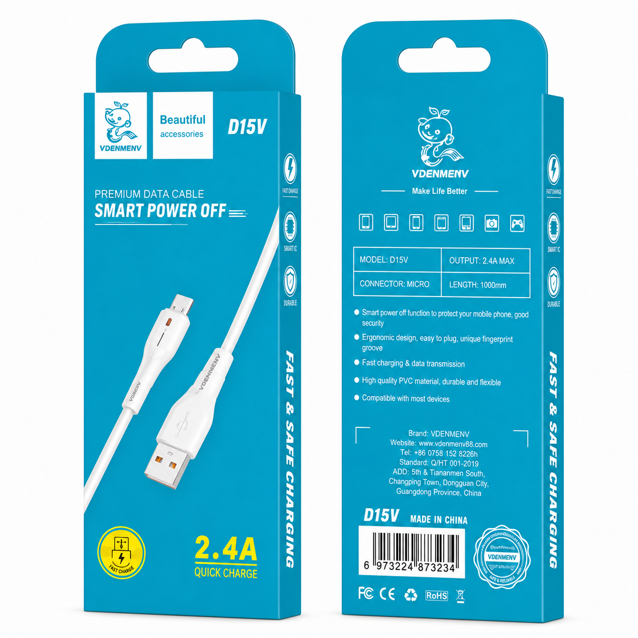 D15V Micro to USB 2.4A Smart Power Off Data Cable արագ լիցքավորման լար