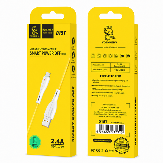 D15T Type-C to USB 2.4A Smart Power Off Data Cable արագ լիցքավորման լար