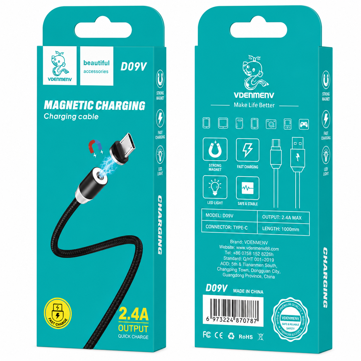 D09V Micro to USB 2.4A Magnetic Charging Cable Մագնիսական արագ լիցքավորման լար