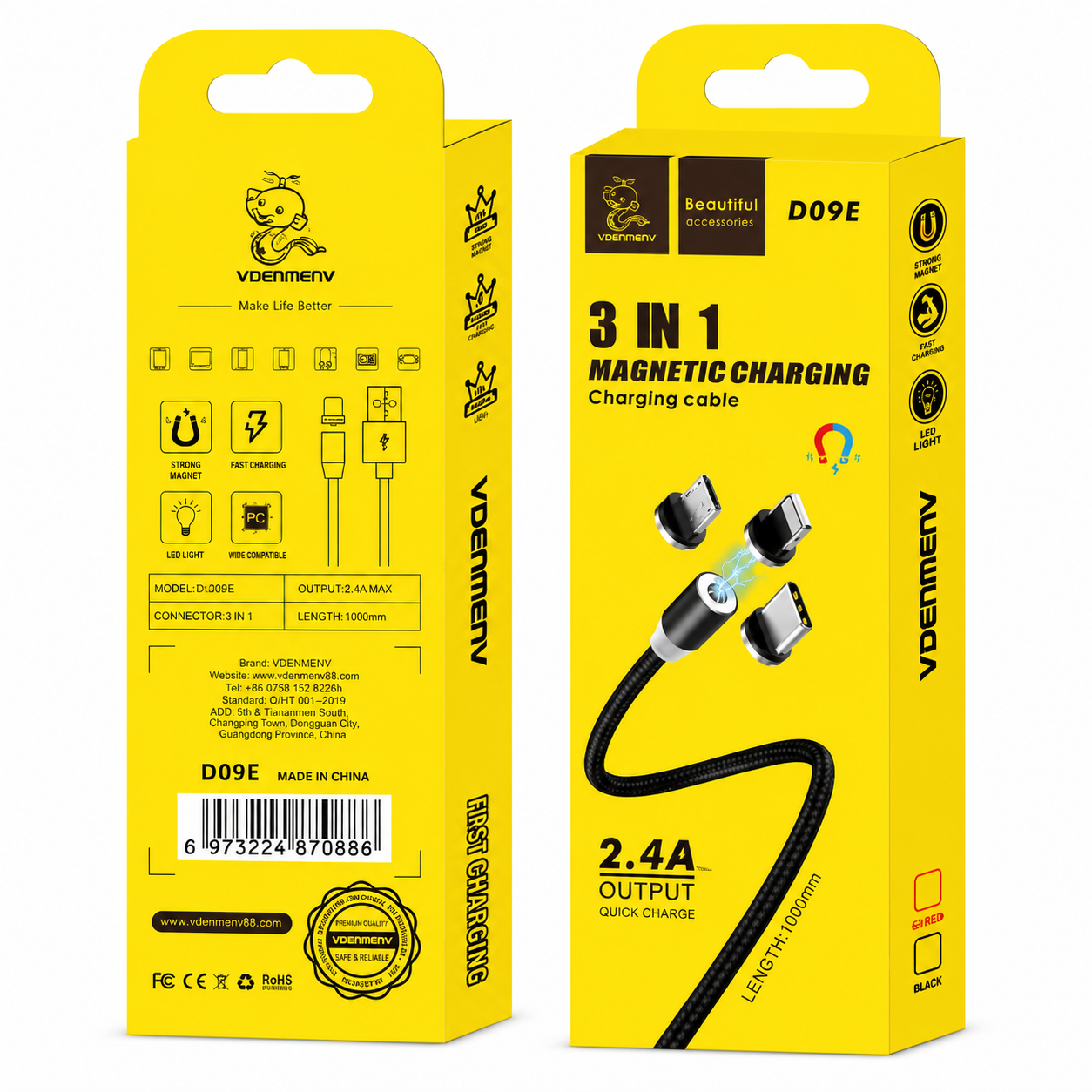 D09E 3-in-1 to USB 2.4A Magnetic Charging Cable արագ լիցքավորման լար