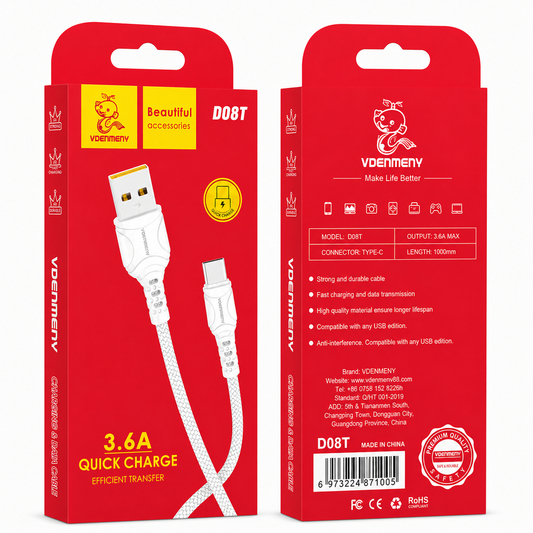 D08T Type-C to USB 3.6A Quick Charge Data Cable արագ լիցքավորման լար
