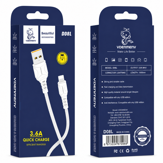 D08L Lightning to USB 3.6A Quick Charge Data Cable արագ լիցքավորման լար