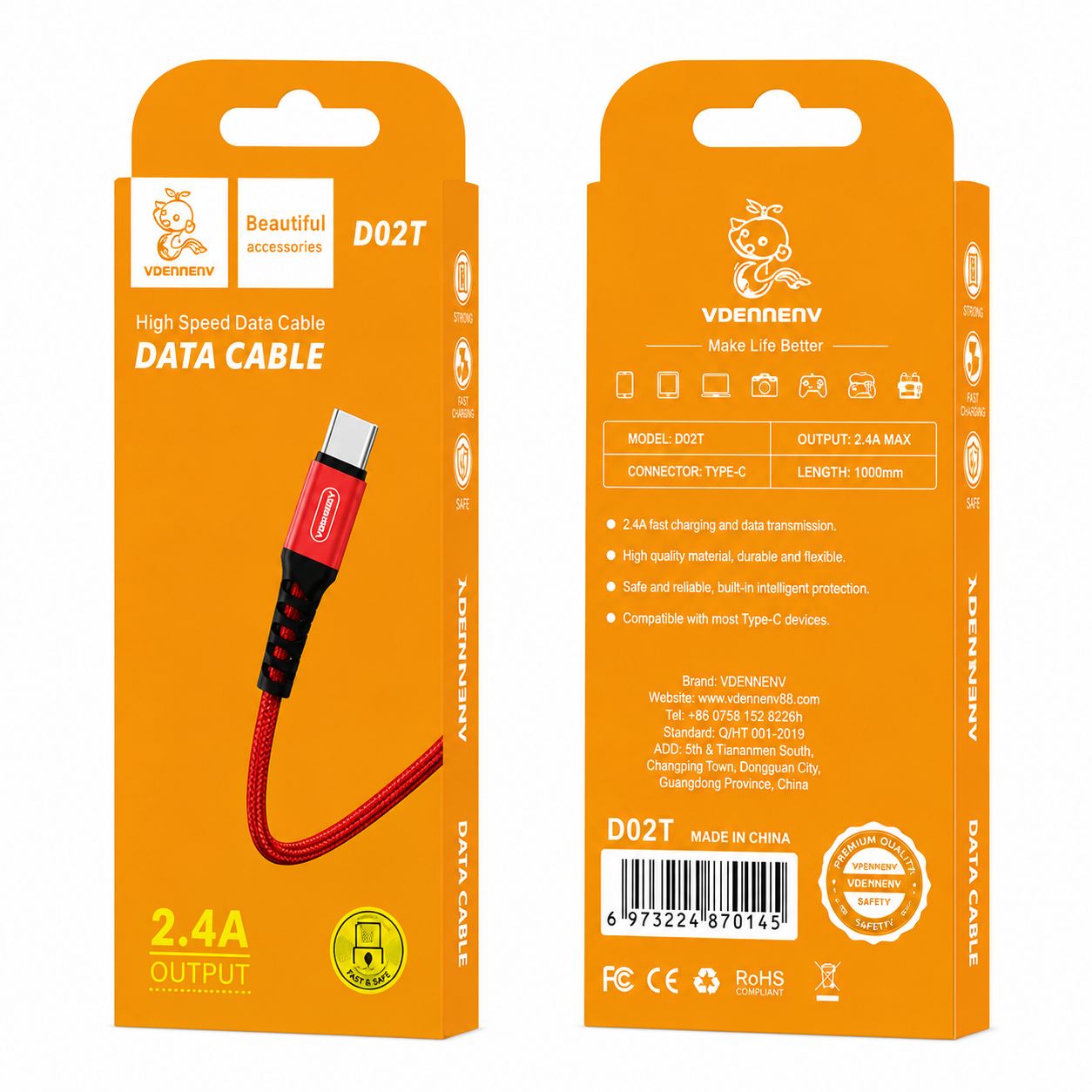 D02T Type-C to USB 2.4A Data Cable արագ լիցքավորման լար 1մ