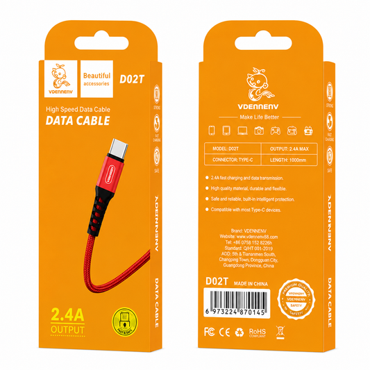 D02T Type-C to USB 2.4A Data Cable արագ լիցքավորման լար 1մ