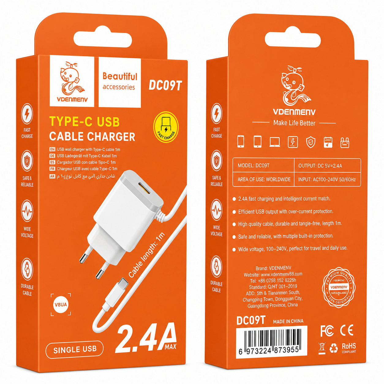 DC09T Type-C USB Cable Charger լիցքավորիչ և արագ լիցքավորման լար 1մ