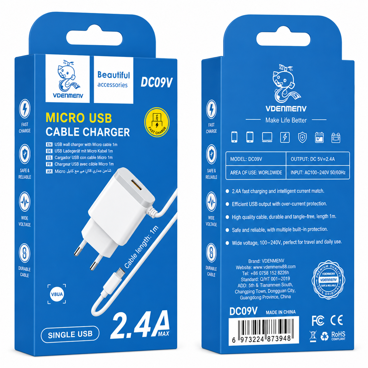 DC09V Micro USB Cable Charger լիցքավորիչ և արագ լիցքավորման լար 1մ